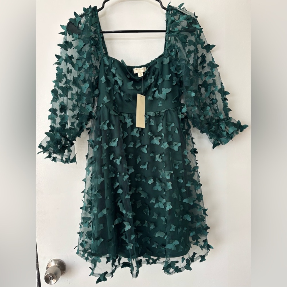 THIRTY THIRTY LAWomen Green 3D Butterfly Babydoll Dress Size Small Wedding Party